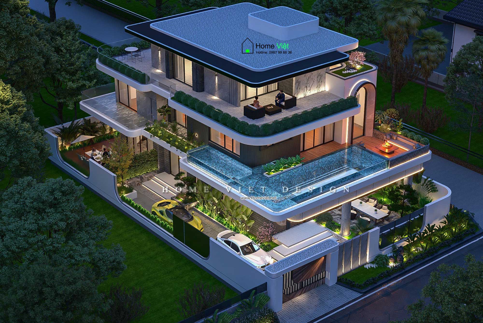 Thiết kế Biệt thự 3 tầng tại Nghệ An –  Phong cách hiện đại, không gian sinh thái và đặc biệt có bể bơi vô cực trên tầng 2